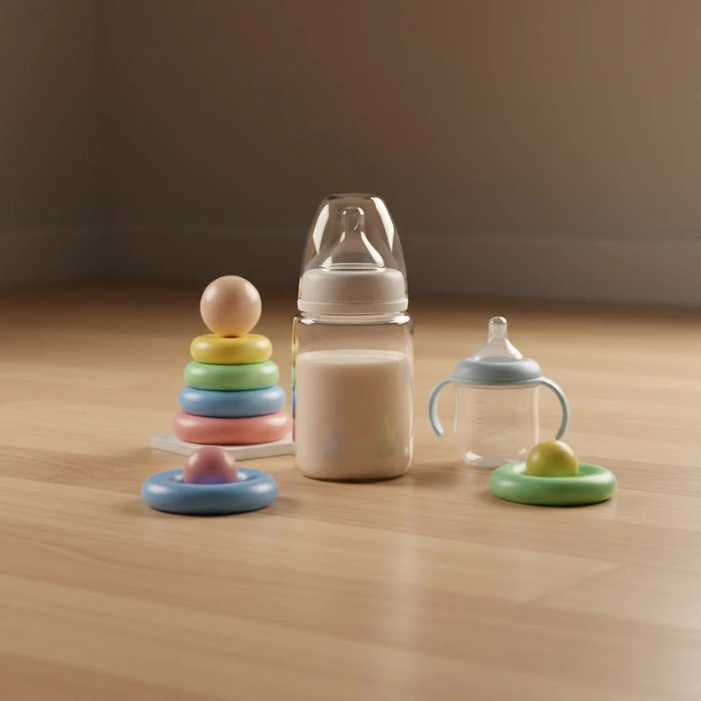 Close-up of a baby's hand holding a clear infant bottle
