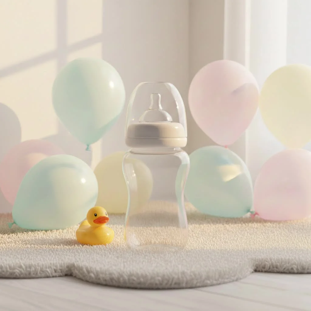Baby holding a silicone feeding bottle